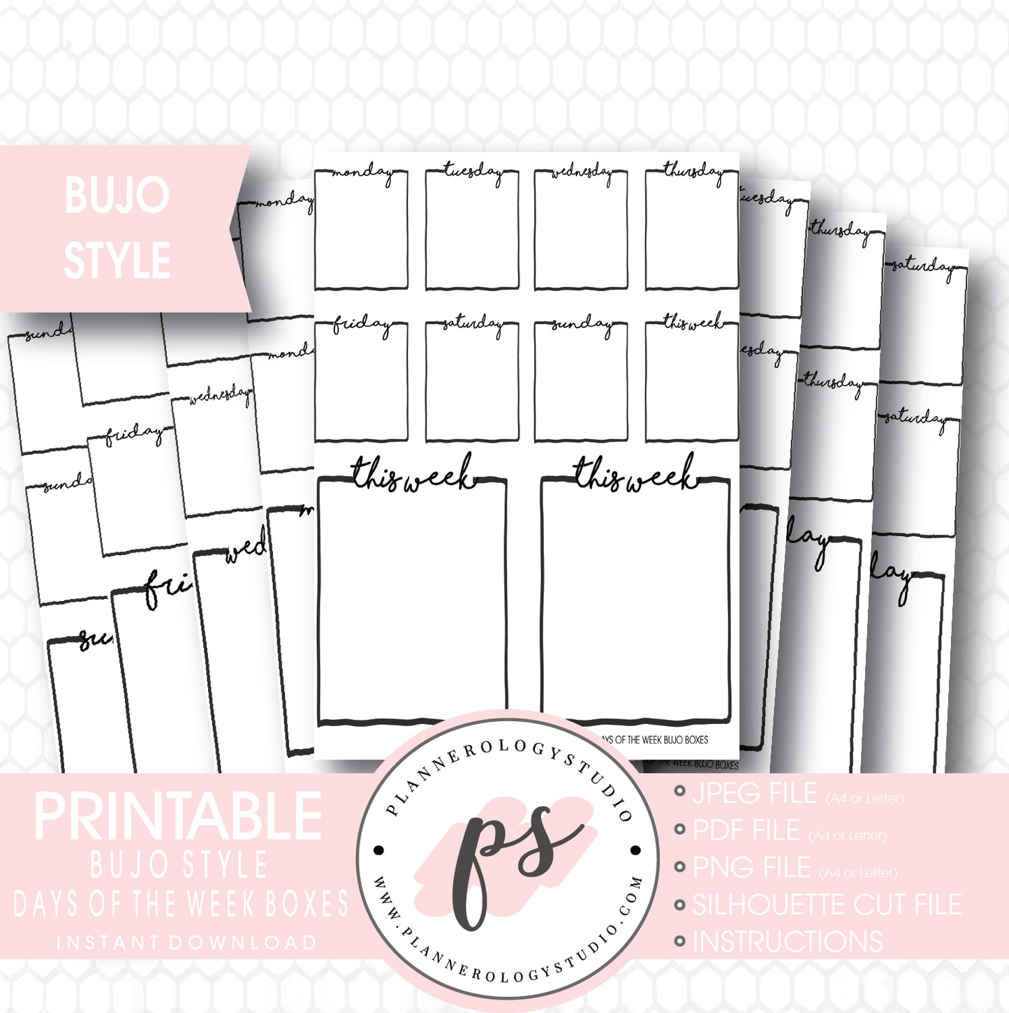 Bullet Journal Bujo Days of the Week (Monday to Friday) Boxes Printable Planner Stickers - Plannerologystudio