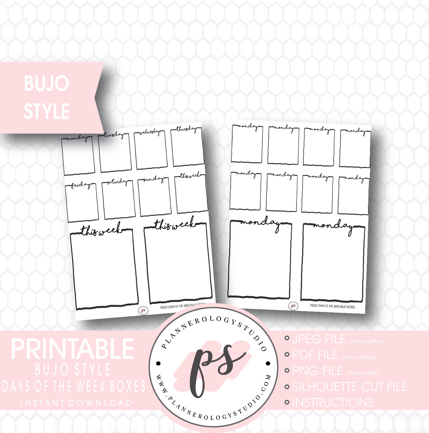 Bullet Journal Bujo Days of the Week (Monday to Friday) Boxes Printable Planner Stickers - Plannerologystudio