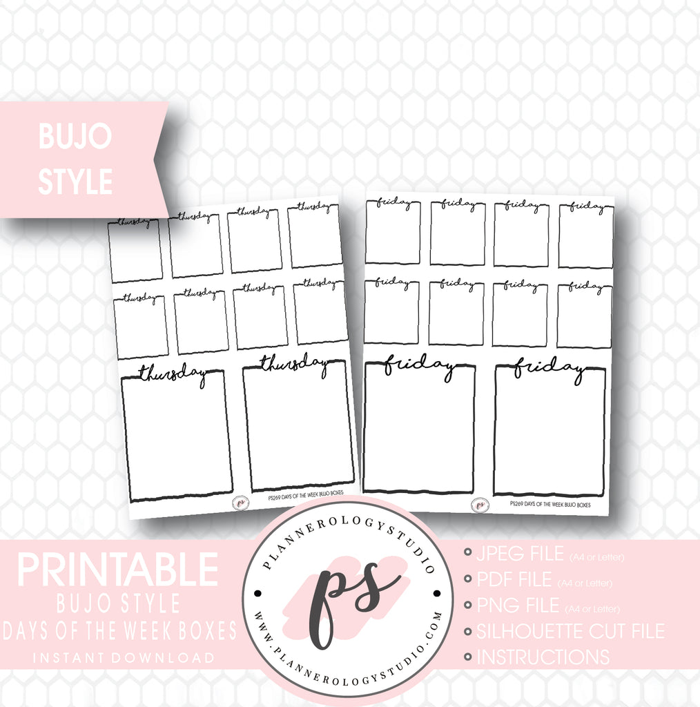 Bullet Journal Bujo Days of the Week (Monday to Friday) Boxes Printable Planner Stickers - Plannerologystudio