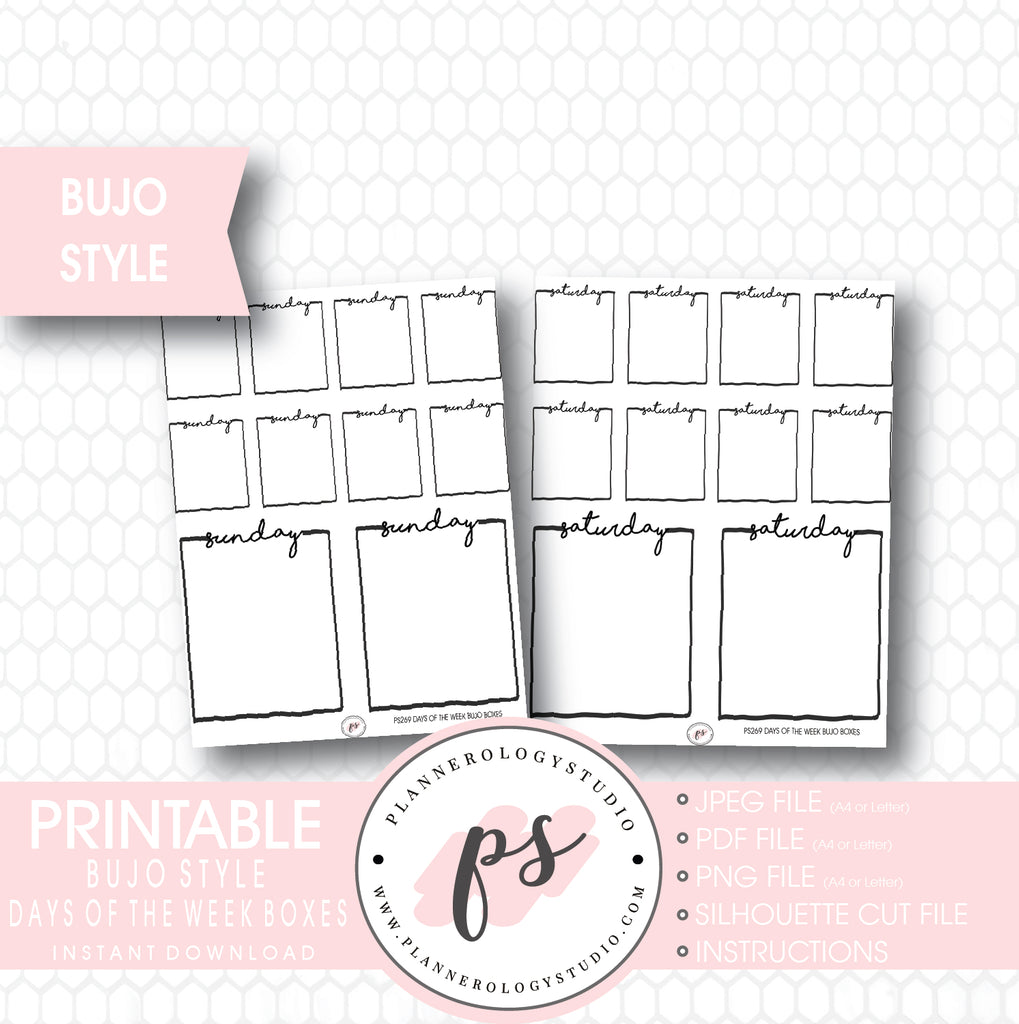 Bullet Journal Bujo Days of the Week (Monday to Friday) Boxes Printable Planner Stickers - Plannerologystudio