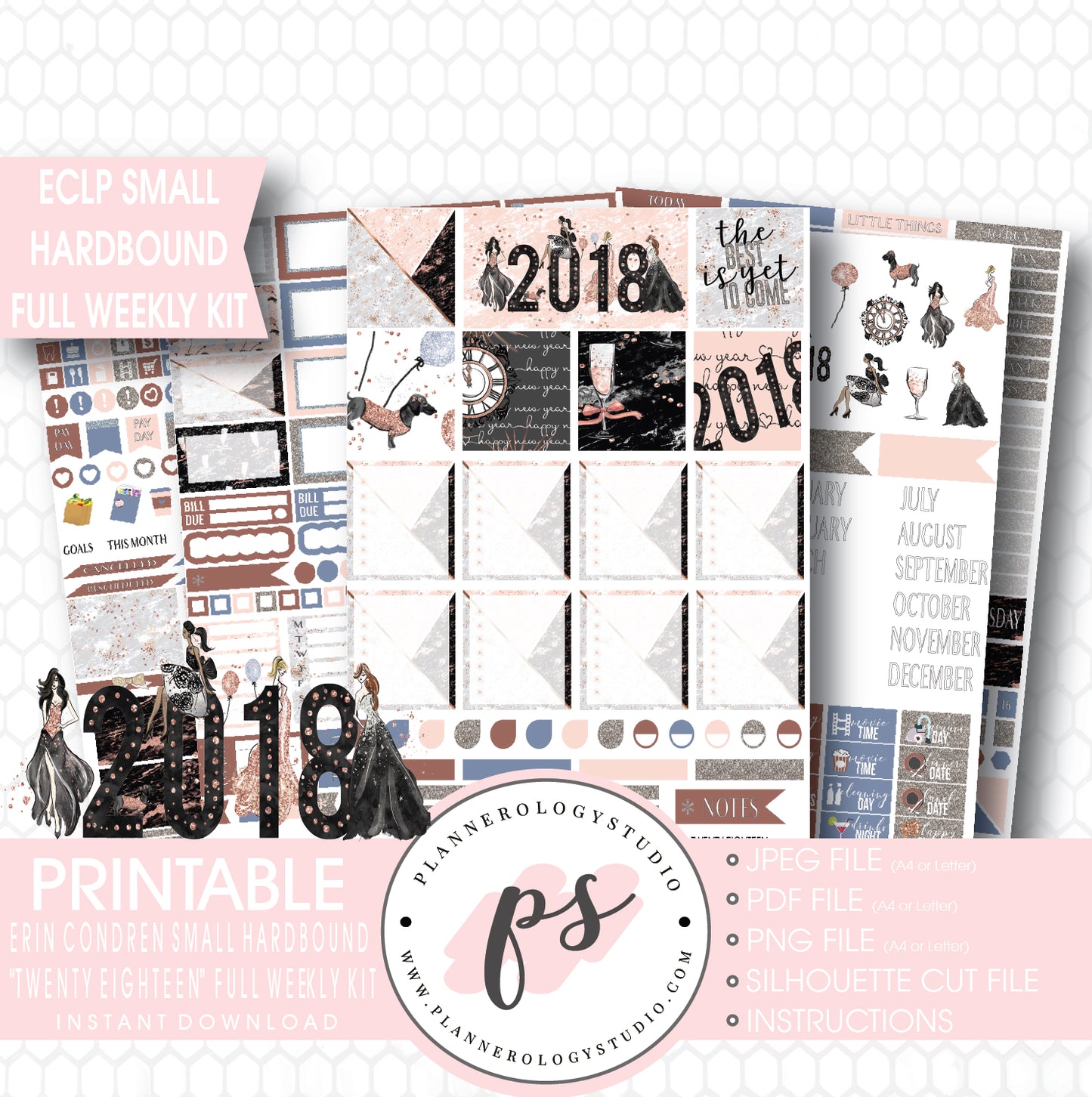 Twenty Eighteen 2018 New Year's Full Weekly Kit Printable Planner Stickers (for use with Erin Condren Small Hardbound Planner) - Plannerologystudio