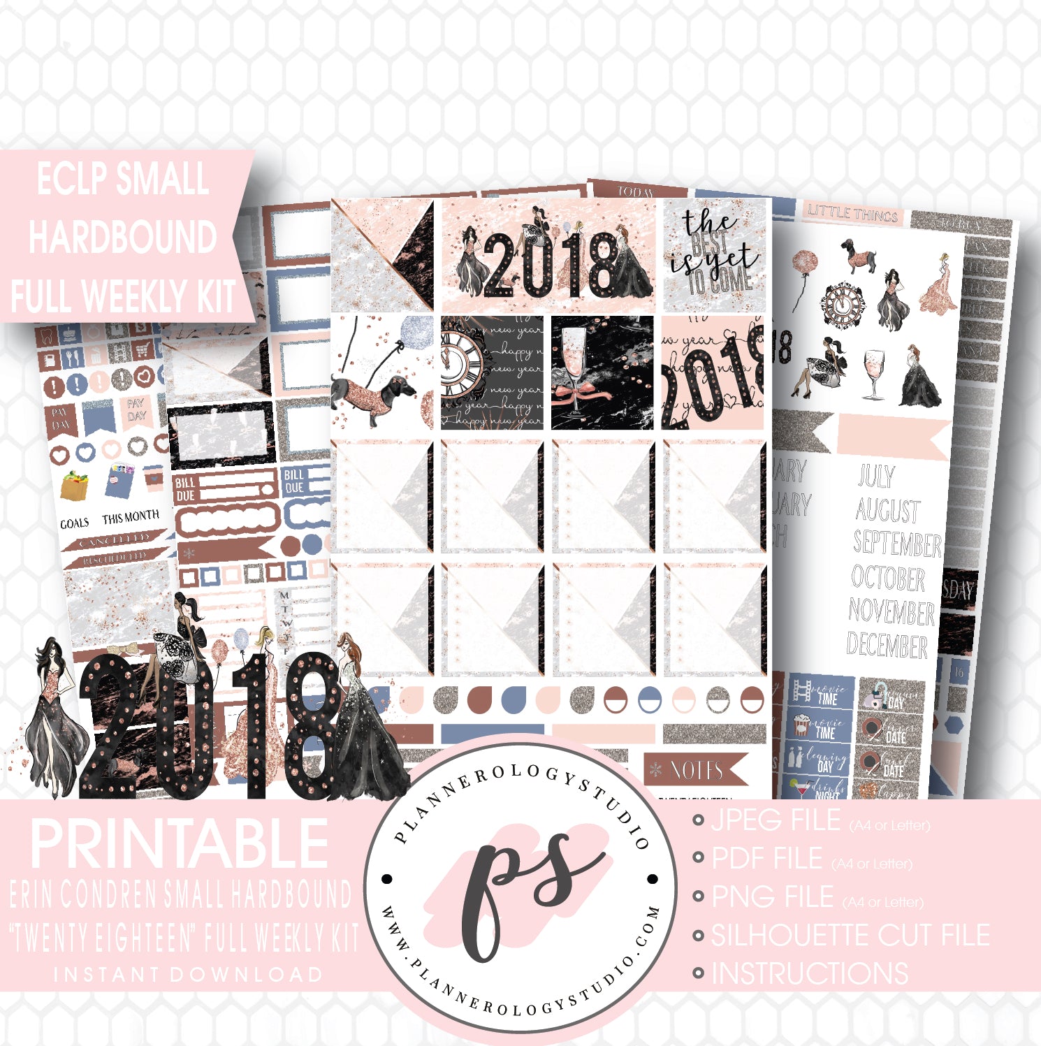 Twenty Eighteen 2018 New Year's Full Weekly Kit Printable Planner Stickers (for use with Erin Condren Small Hardbound Planner) - Plannerologystudio