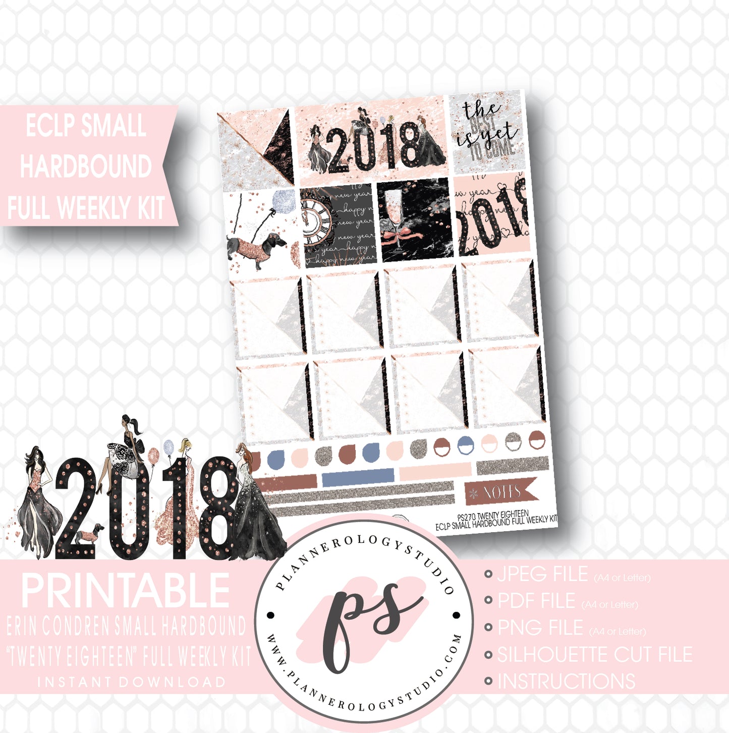 Twenty Eighteen 2018 New Year's Full Weekly Kit Printable Planner Stickers (for use with Erin Condren Small Hardbound Planner) - Plannerologystudio