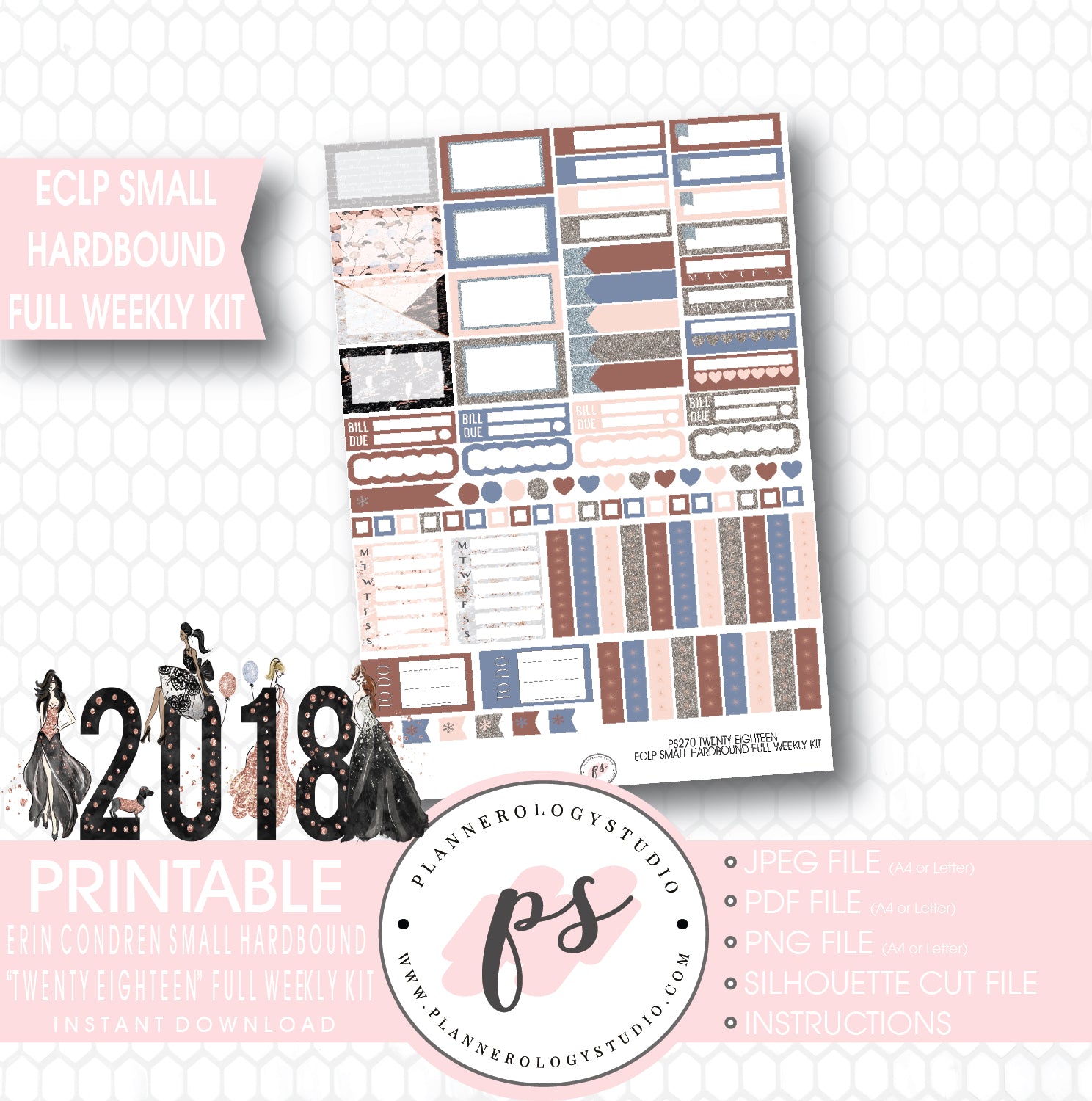 Twenty Eighteen 2018 New Year's Full Weekly Kit Printable Planner Stickers (for use with Erin Condren Small Hardbound Planner) - Plannerologystudio