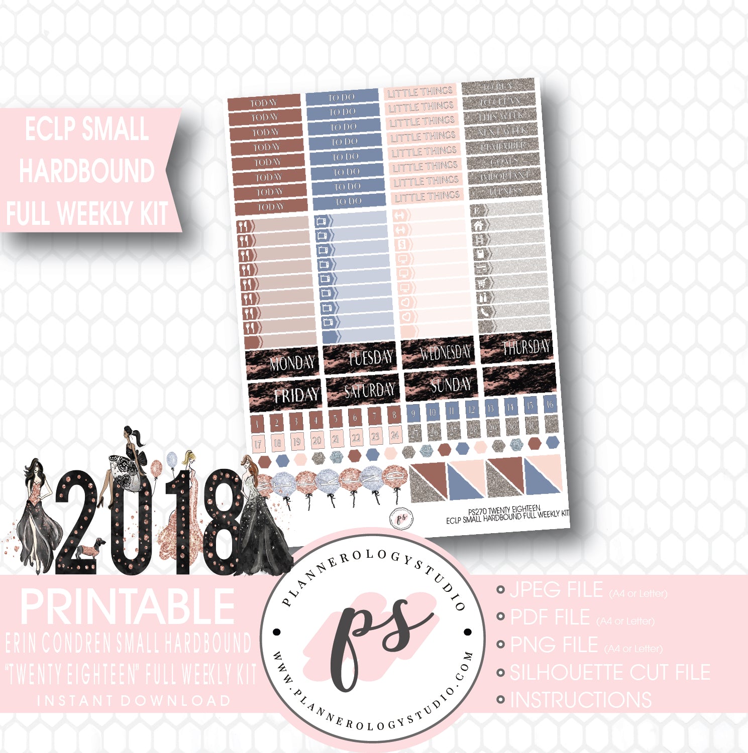 Twenty Eighteen 2018 New Year's Full Weekly Kit Printable Planner Stickers (for use with Erin Condren Small Hardbound Planner) - Plannerologystudio