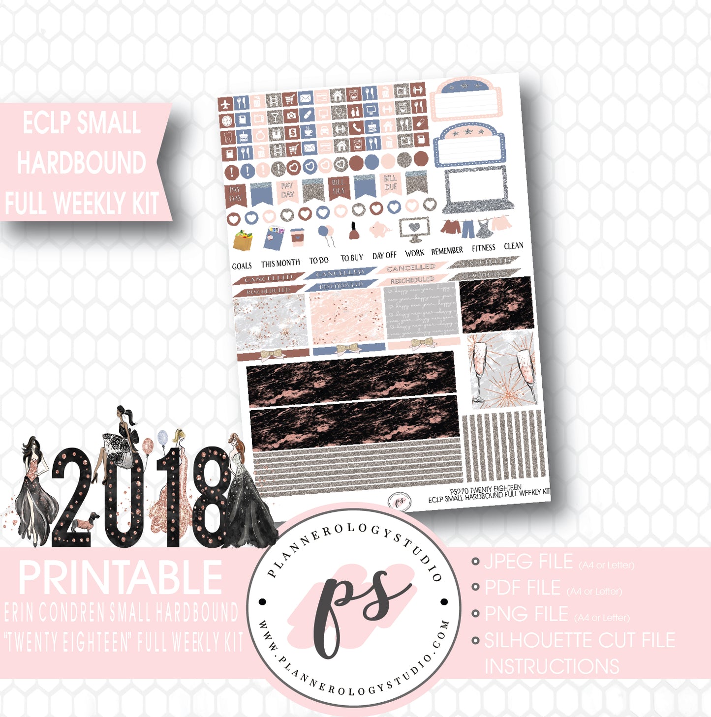 Twenty Eighteen 2018 New Year's Full Weekly Kit Printable Planner Stickers (for use with Erin Condren Small Hardbound Planner) - Plannerologystudio