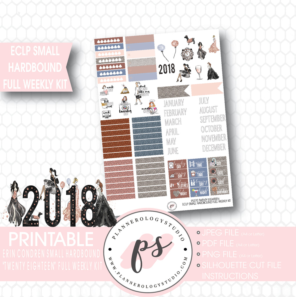 Twenty Eighteen 2018 New Year's Full Weekly Kit Printable Planner Stickers (for use with Erin Condren Small Hardbound Planner) - Plannerologystudio
