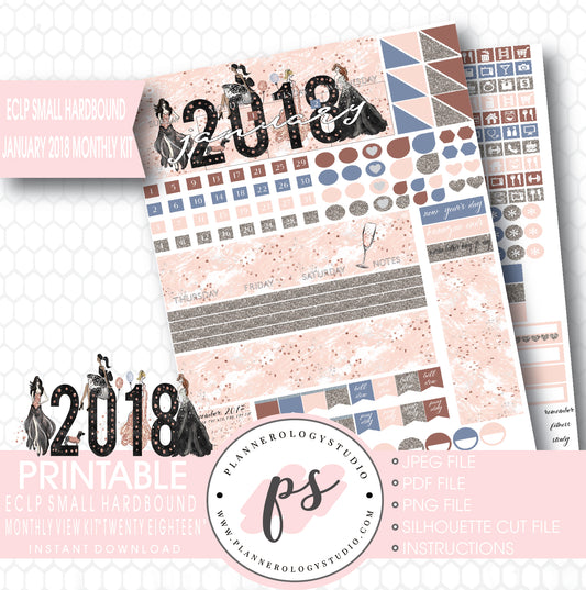 Twenty Eighteen New Year's January 2018 Monthly View Kit Printable Planner Stickers (for use with ECLP Small Hardbound) - Plannerologystudio