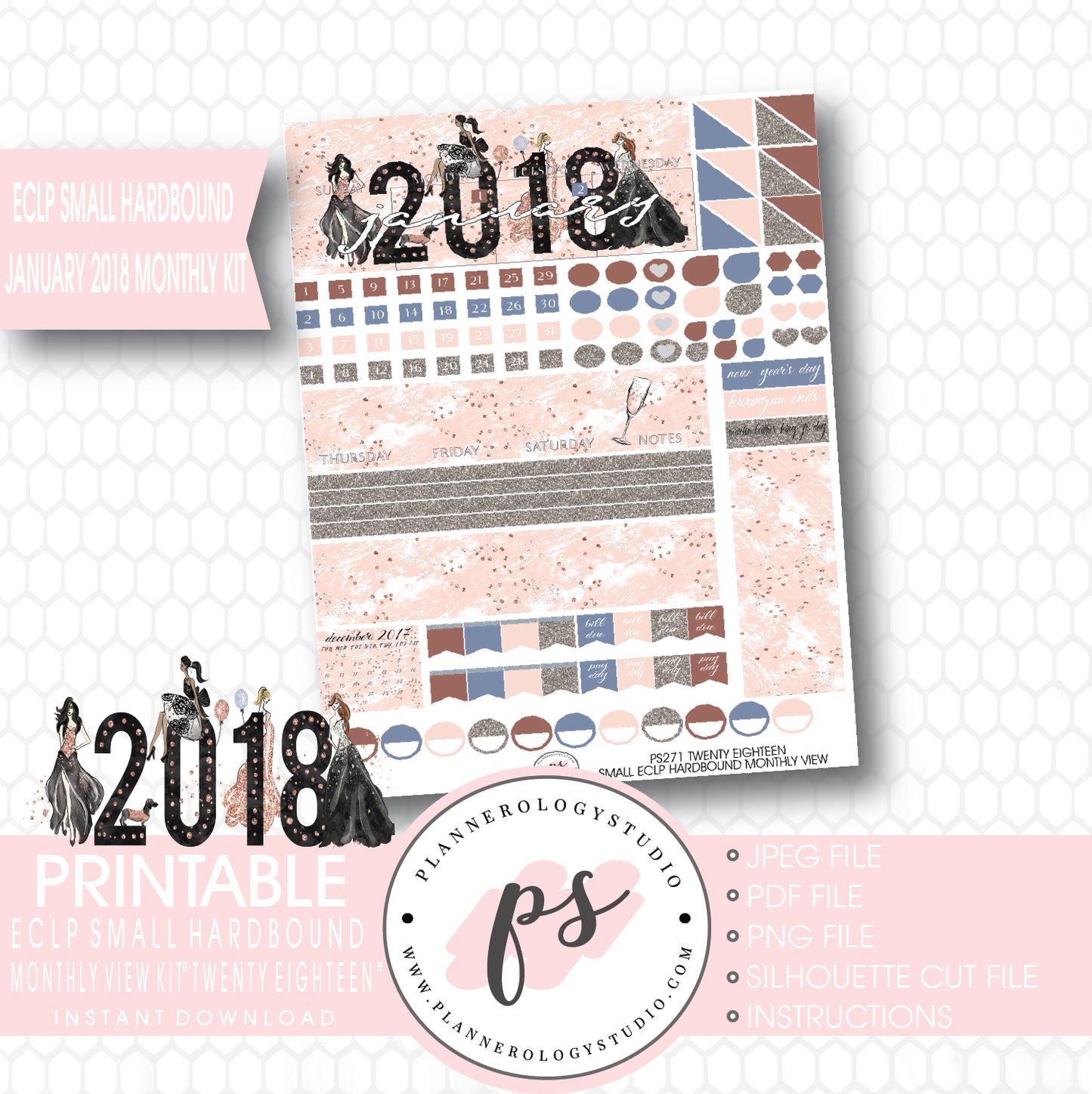 Twenty Eighteen New Year's January 2018 Monthly View Kit Printable Planner Stickers (for use with ECLP Small Hardbound) - Plannerologystudio