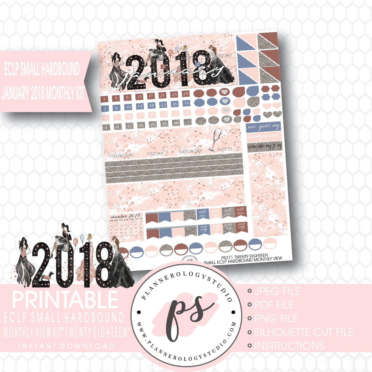 Twenty Eighteen New Year's January 2018 Monthly View Kit Printable Planner Stickers (for use with ECLP Small Hardbound) - Plannerologystudio