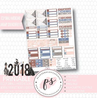 Twenty Eighteen New Year's January 2018 Monthly View Kit Printable Planner Stickers (for use with ECLP Small Hardbound) - Plannerologystudio
