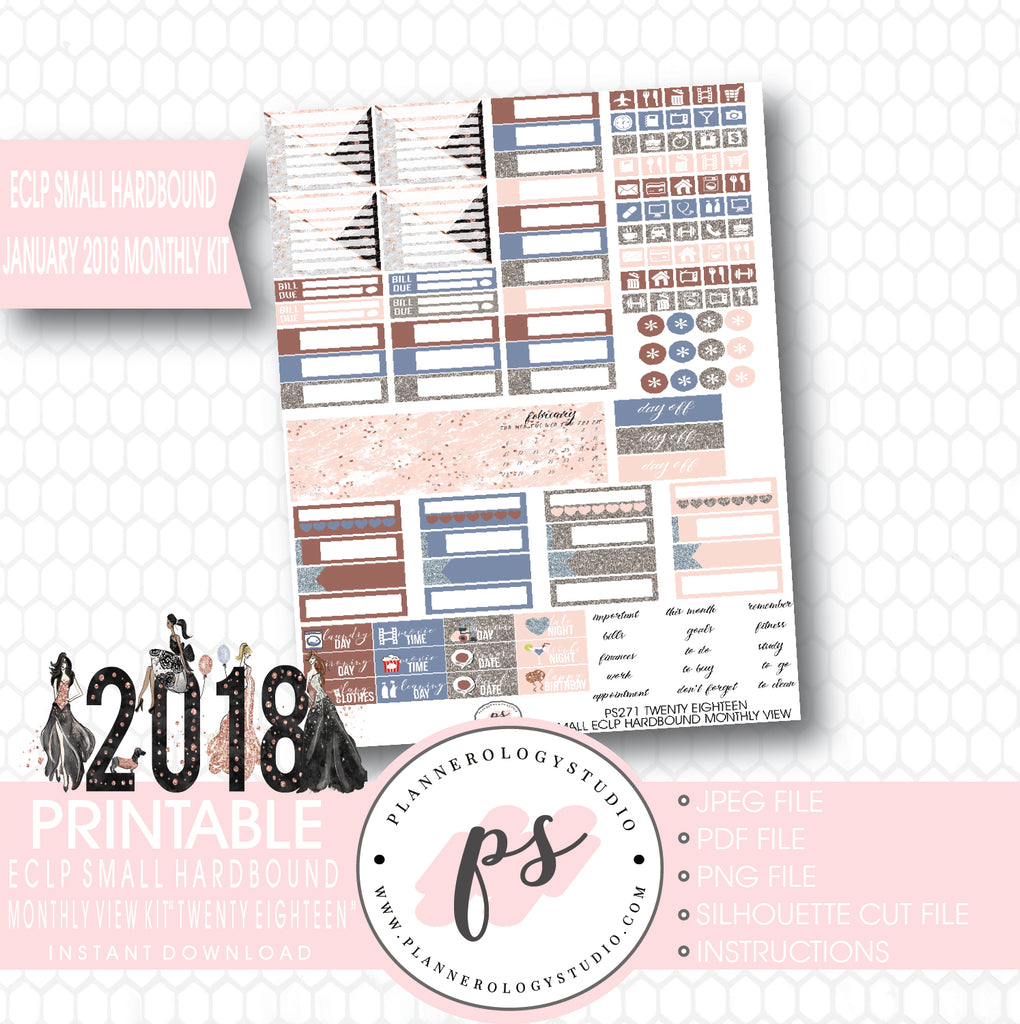 Twenty Eighteen New Year's January 2018 Monthly View Kit Printable Planner Stickers (for use with ECLP Small Hardbound) - Plannerologystudio