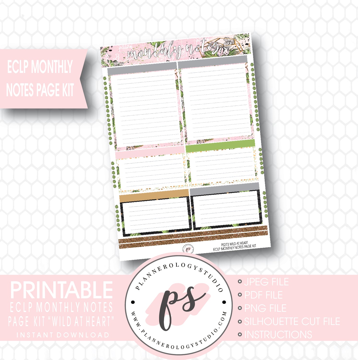 Wild at Heart Monthly Notes Page Kit Printable Planner Stickers (for use with ECLP) - Plannerologystudio