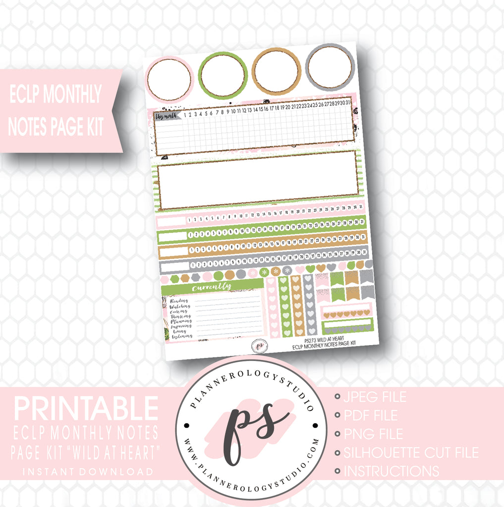 Wild at Heart Monthly Notes Page Kit Printable Planner Stickers (for use with ECLP) - Plannerologystudio