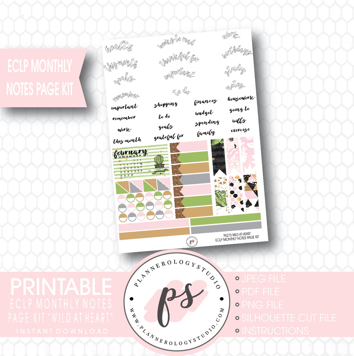 Wild at Heart Monthly Notes Page Kit Printable Planner Stickers (for use with ECLP) - Plannerologystudio
