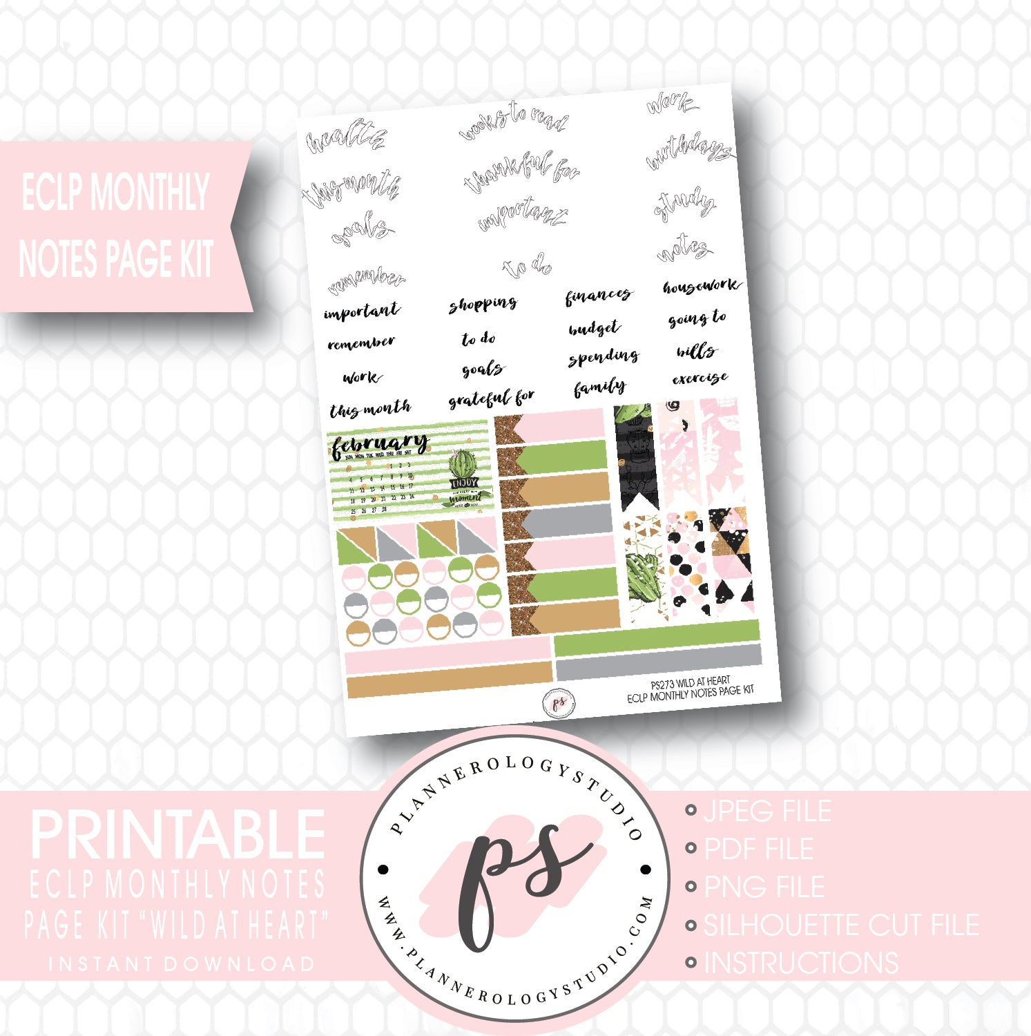 Wild at Heart Monthly Notes Page Kit Printable Planner Stickers (for use with ECLP) - Plannerologystudio