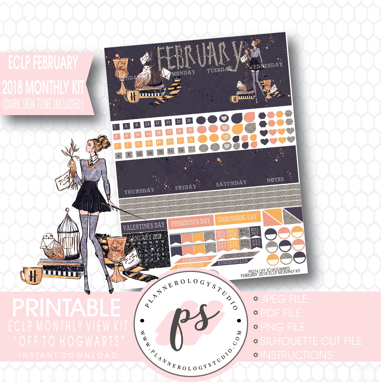 Off to Hogwarts (Harry Potter Theme) February 2018 Monthly View Kit Printable Planner Stickers (for use with ECLP) (Dark & Light Skin Tone) - Plannerologystudio