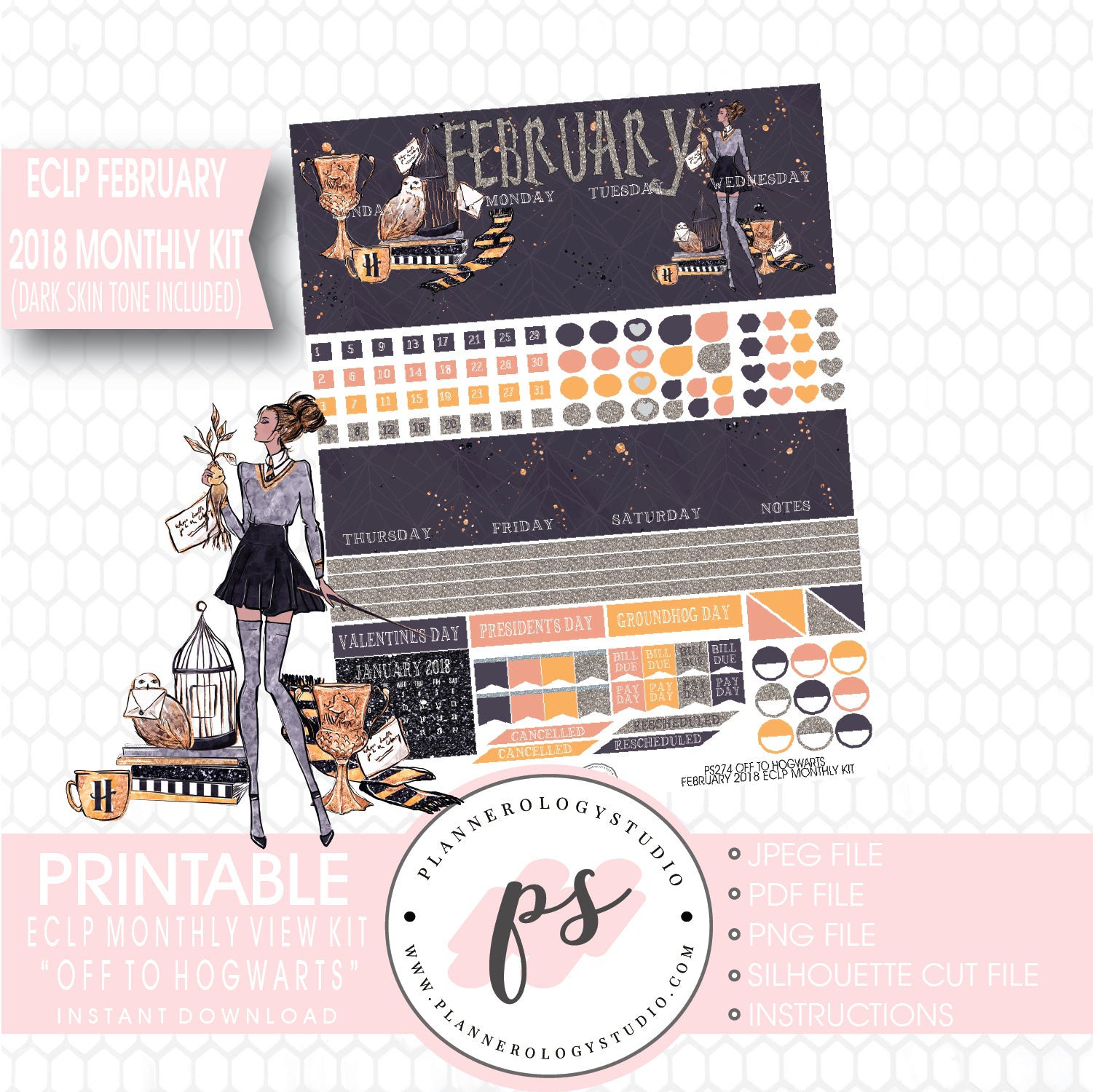 Off to Hogwarts (Harry Potter Theme) February 2018 Monthly View Kit Printable Planner Stickers (for use with ECLP) (Dark & Light Skin Tone) - Plannerologystudio
