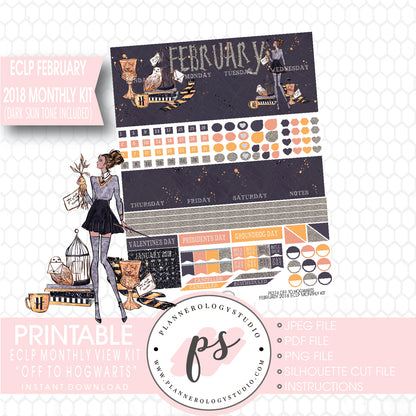 Off to Hogwarts (Harry Potter Theme) February 2018 Monthly View Kit Printable Planner Stickers (for use with ECLP) (Dark & Light Skin Tone) - Plannerologystudio
