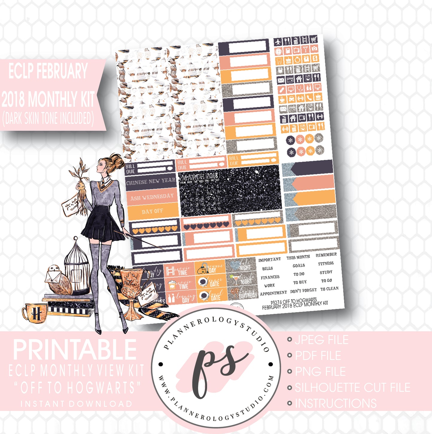 Off to Hogwarts (Harry Potter Theme) February 2018 Monthly View Kit Printable Planner Stickers (for use with ECLP) (Dark & Light Skin Tone) - Plannerologystudio