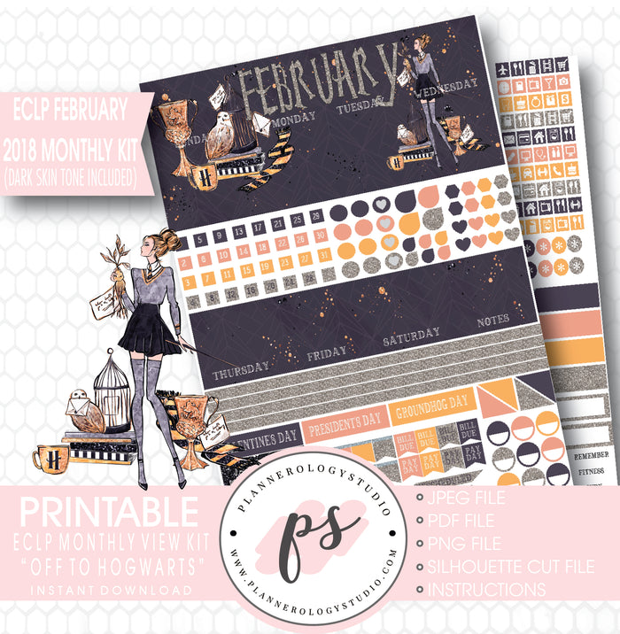 Off to Hogwarts (Harry Potter Theme) February 2018 Monthly View Kit Printable Planner Stickers (for use with ECLP) (Dark & Light Skin Tone) - Plannerologystudio