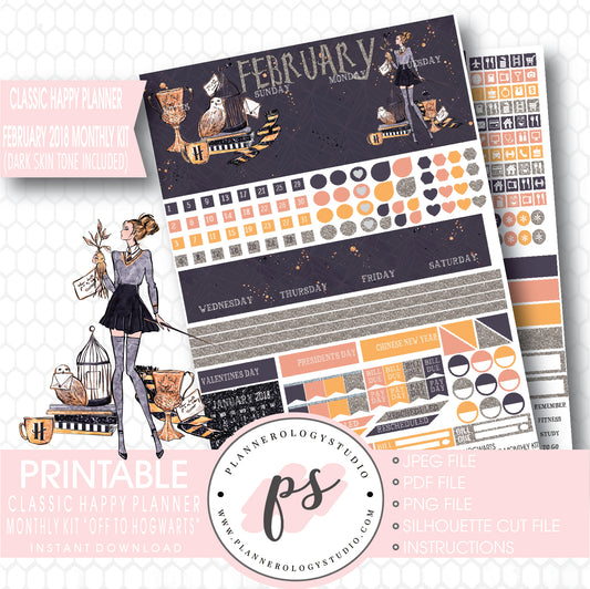 Off to Hogwarts (Harry Potter Theme) February 2018 Monthly View Kit Printable Planner Stickers (for use with Classic Happy Planner) (Dark & Light Skin Tone) - Plannerologystudio