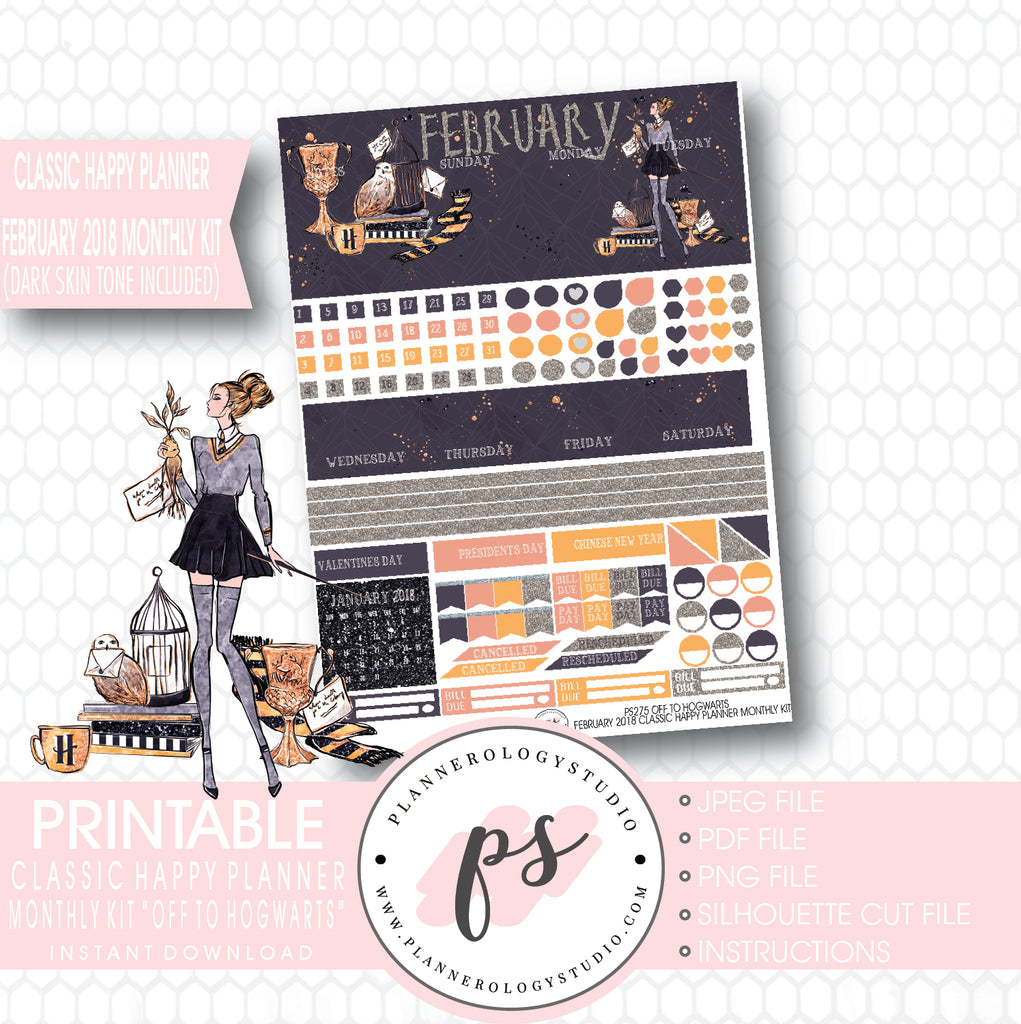 Off to Hogwarts (Harry Potter Theme) February 2018 Monthly View Kit Printable Planner Stickers (for use with Classic Happy Planner) (Dark & Light Skin Tone) - Plannerologystudio