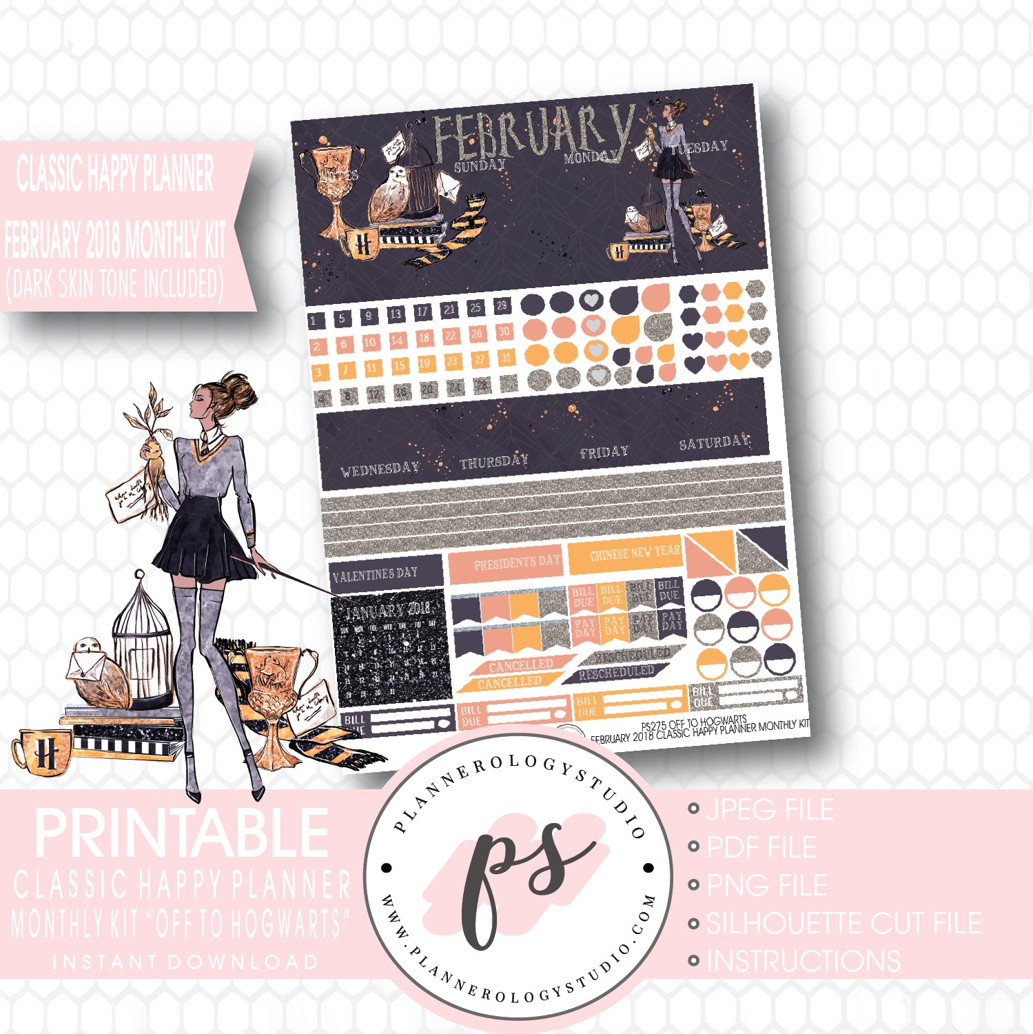 Off to Hogwarts (Harry Potter Theme) February 2018 Monthly View Kit Printable Planner Stickers (for use with Classic Happy Planner) (Dark & Light Skin Tone) - Plannerologystudio