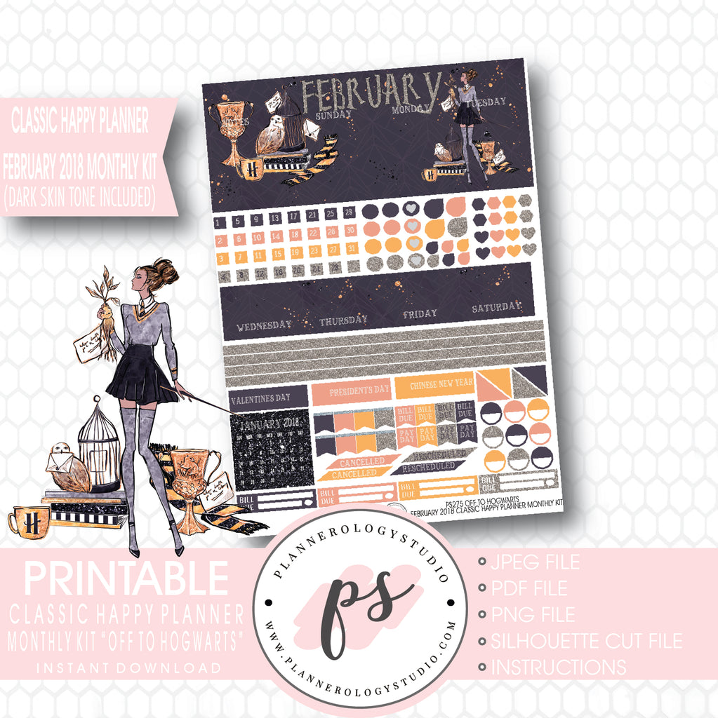 Off to Hogwarts (Harry Potter Theme) February 2018 Monthly View Kit Printable Planner Stickers (for use with Classic Happy Planner) (Dark & Light Skin Tone) - Plannerologystudio
