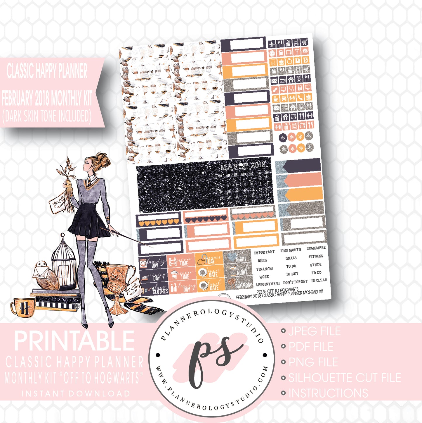 Off to Hogwarts (Harry Potter Theme) February 2018 Monthly View Kit Printable Planner Stickers (for use with Classic Happy Planner) (Dark & Light Skin Tone) - Plannerologystudio