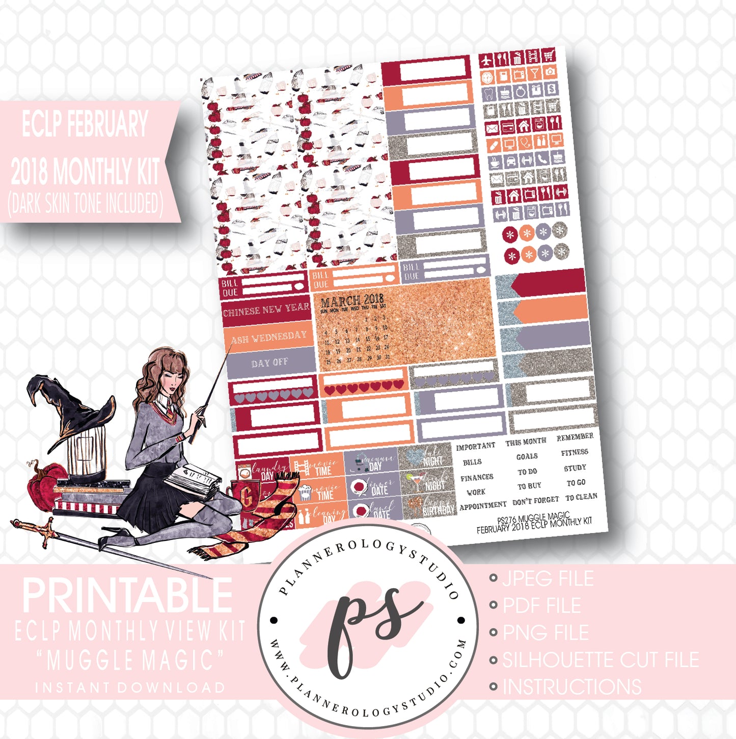 Muggle Magic (Harry Potter Theme) February 2018 Monthly View Kit Printable Planner Stickers (for use with ECLP) (Dark & Light Skin Tone) - Plannerologystudio