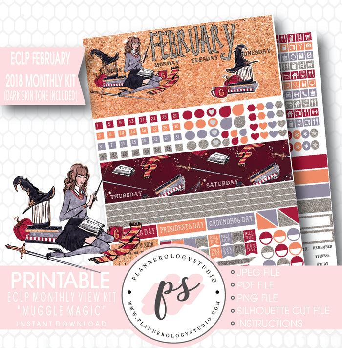 Muggle Magic (Harry Potter Theme) February 2018 Monthly View Kit Printable Planner Stickers (for use with ECLP) (Dark & Light Skin Tone) - Plannerologystudio