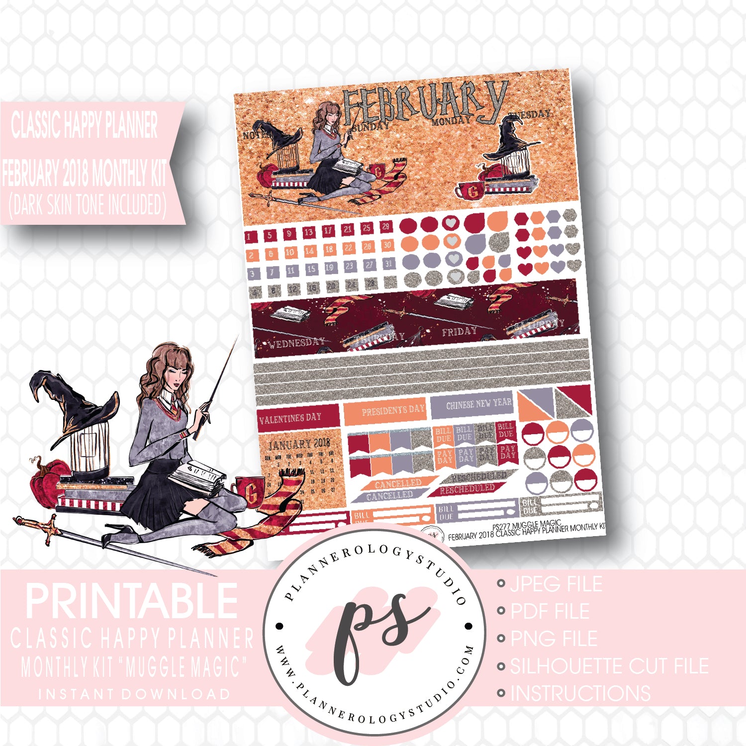 Muggle Magic (Harry Potter Theme) February 2018 Monthly View Kit Printable Planner Stickers (for use with Classic Happy Planner) (Dark & Light Skin Tone) - Plannerologystudio