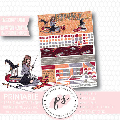 Muggle Magic (Harry Potter Theme) February 2018 Monthly View Kit Printable Planner Stickers (for use with Classic Happy Planner) (Dark & Light Skin Tone) - Plannerologystudio