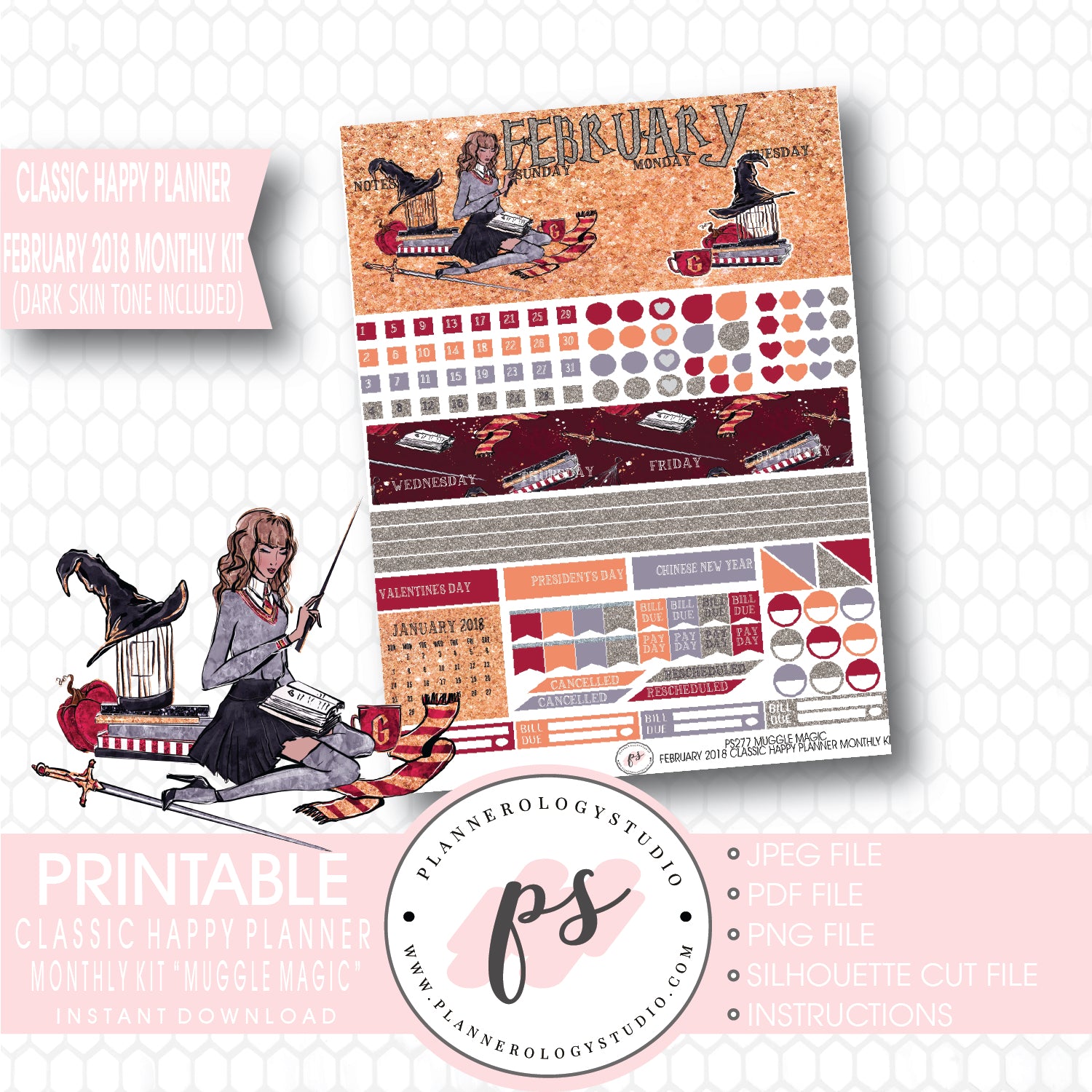 Muggle Magic (Harry Potter Theme) February 2018 Monthly View Kit Printable Planner Stickers (for use with Classic Happy Planner) (Dark & Light Skin Tone) - Plannerologystudio