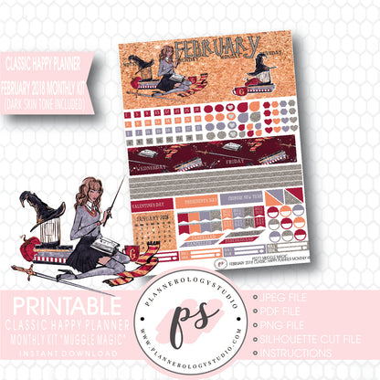 Muggle Magic (Harry Potter Theme) February 2018 Monthly View Kit Printable Planner Stickers (for use with Classic Happy Planner) (Dark & Light Skin Tone) - Plannerologystudio