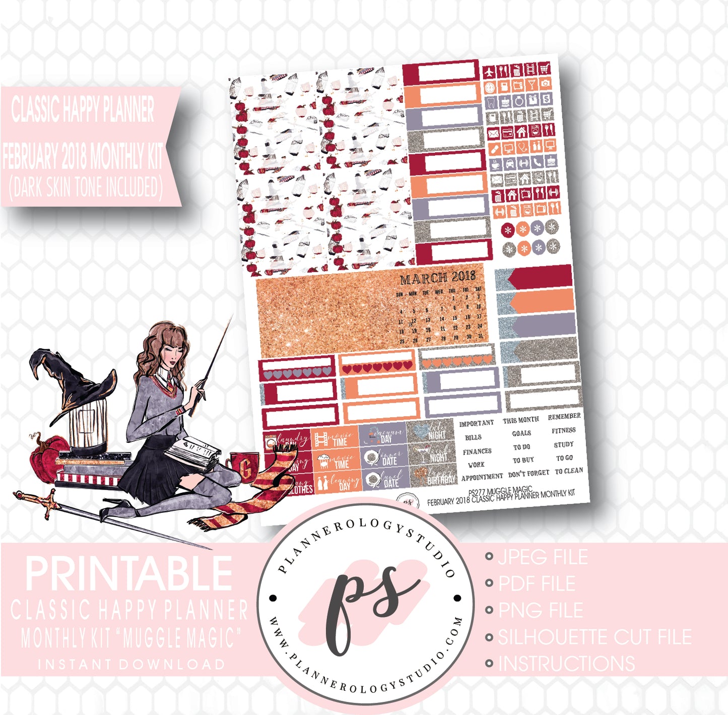 Muggle Magic (Harry Potter Theme) February 2018 Monthly View Kit Printable Planner Stickers (for use with Classic Happy Planner) (Dark & Light Skin Tone) - Plannerologystudio