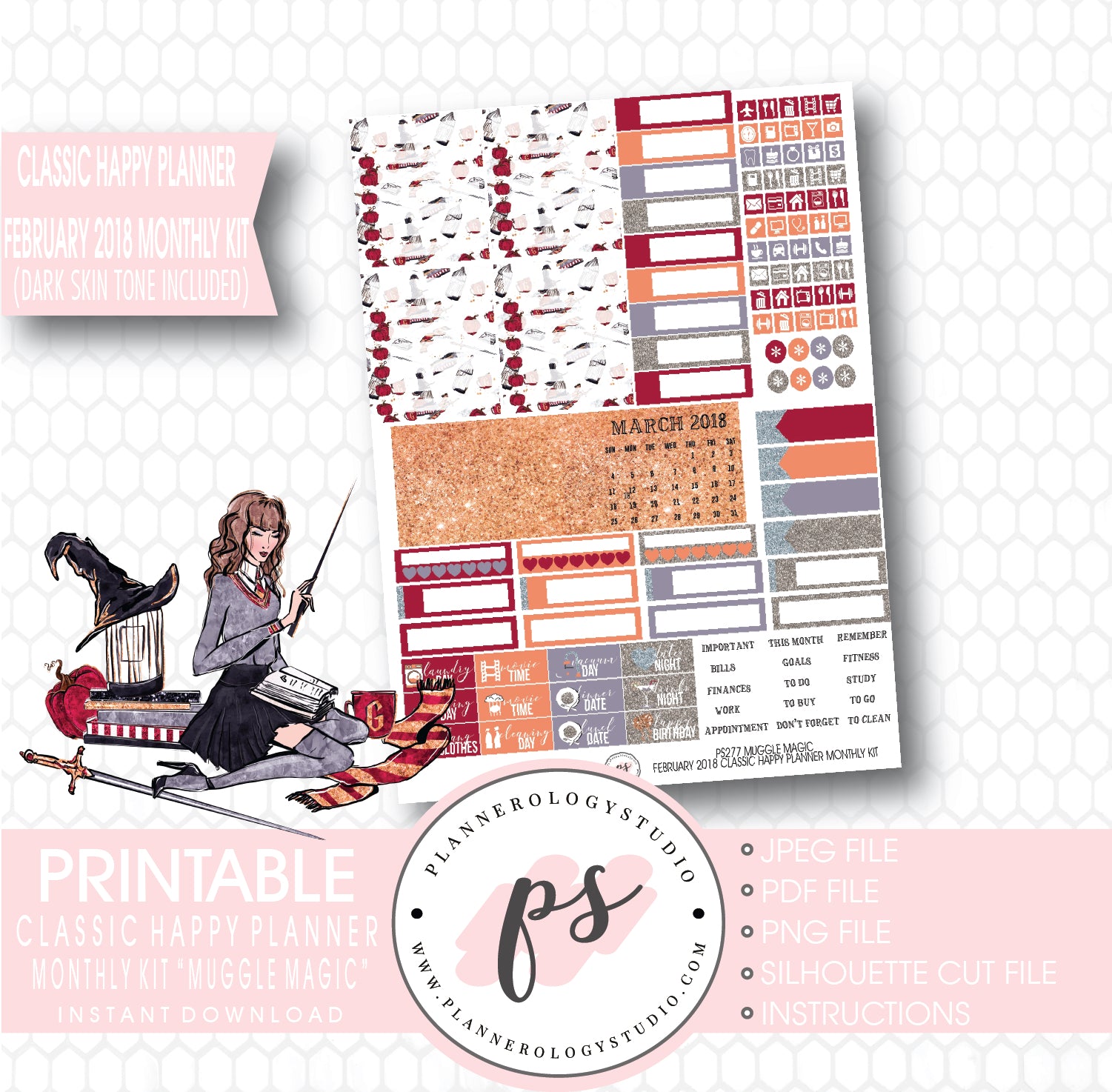 Muggle Magic (Harry Potter Theme) February 2018 Monthly View Kit Printable Planner Stickers (for use with Classic Happy Planner) (Dark & Light Skin Tone) - Plannerologystudio
