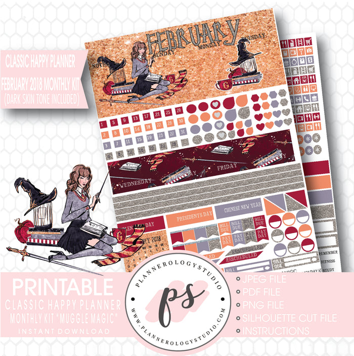 Muggle Magic (Harry Potter Theme) February 2018 Monthly View Kit Printable Planner Stickers (for use with Classic Happy Planner) (Dark & Light Skin Tone) - Plannerologystudio