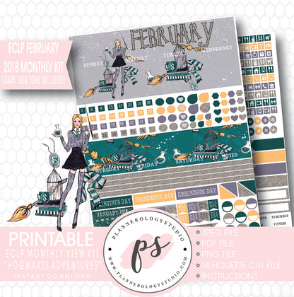Hogwarts Adventures (Harry Potter Theme) February 2018 Monthly View Kit Printable Planner Stickers (for use with ECLP) (Dark & Light Skintone) - Plannerologystudio