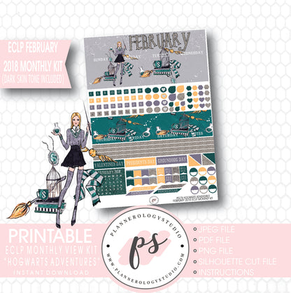 Hogwarts Adventures (Harry Potter Theme) February 2018 Monthly View Kit Printable Planner Stickers (for use with ECLP) (Dark & Light Skintone) - Plannerologystudio