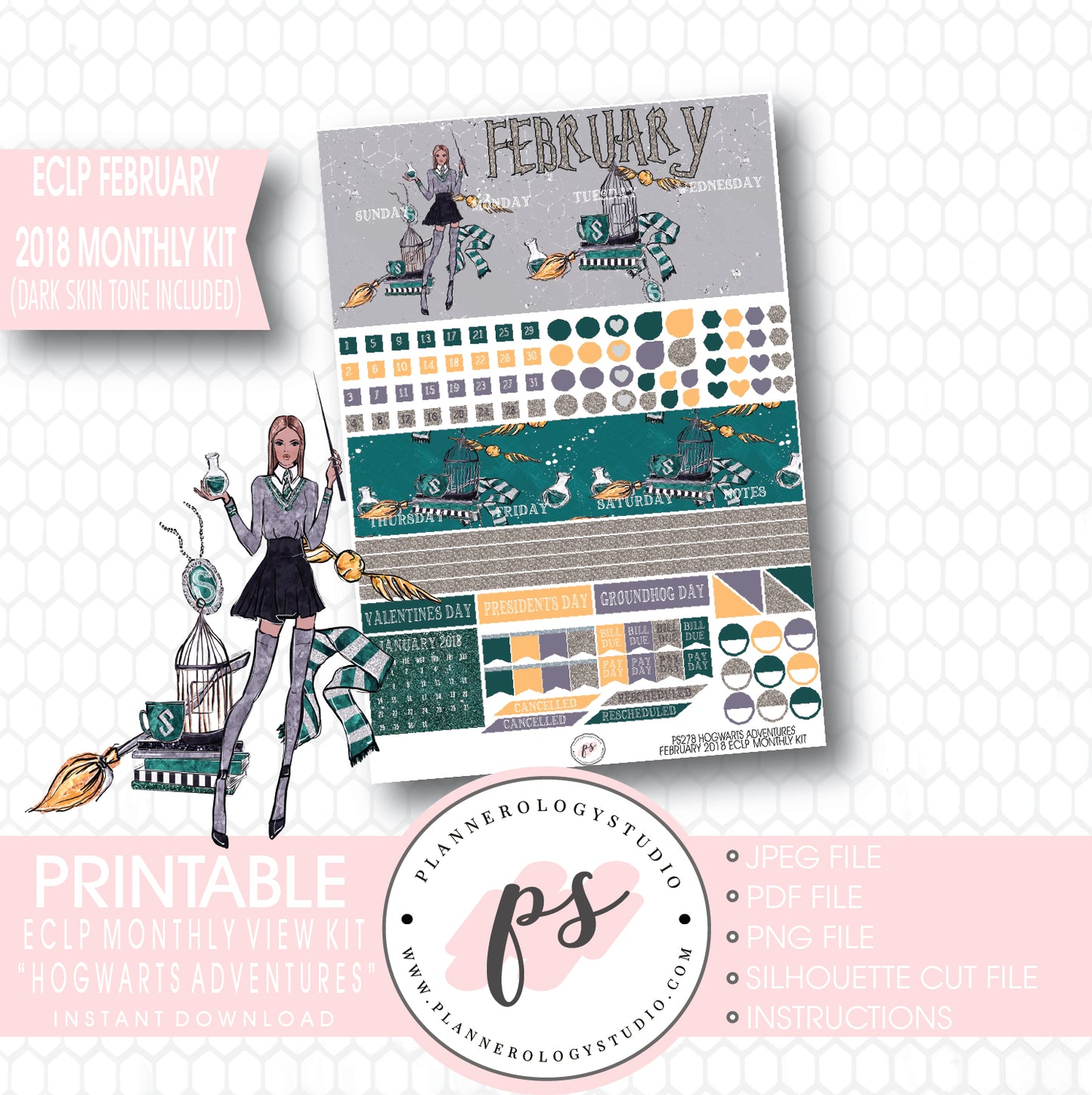 Hogwarts Adventures (Harry Potter Theme) February 2018 Monthly View Kit Printable Planner Stickers (for use with ECLP) (Dark & Light Skintone) - Plannerologystudio