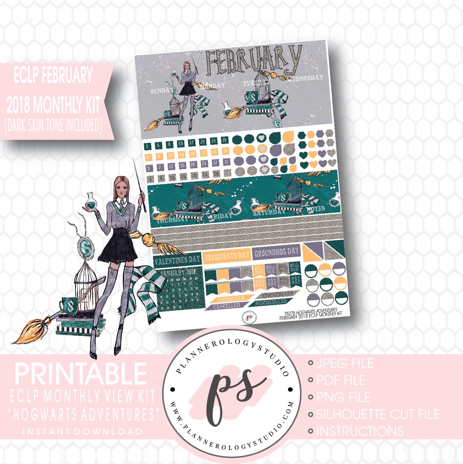 Hogwarts Adventures (Harry Potter Theme) February 2018 Monthly View Kit Printable Planner Stickers (for use with ECLP) (Dark & Light Skintone) - Plannerologystudio