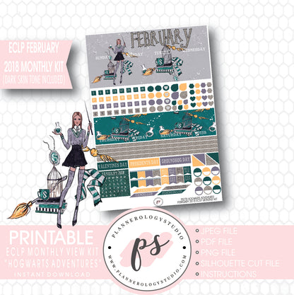 Hogwarts Adventures (Harry Potter Theme) February 2018 Monthly View Kit Printable Planner Stickers (for use with ECLP) (Dark & Light Skintone) - Plannerologystudio