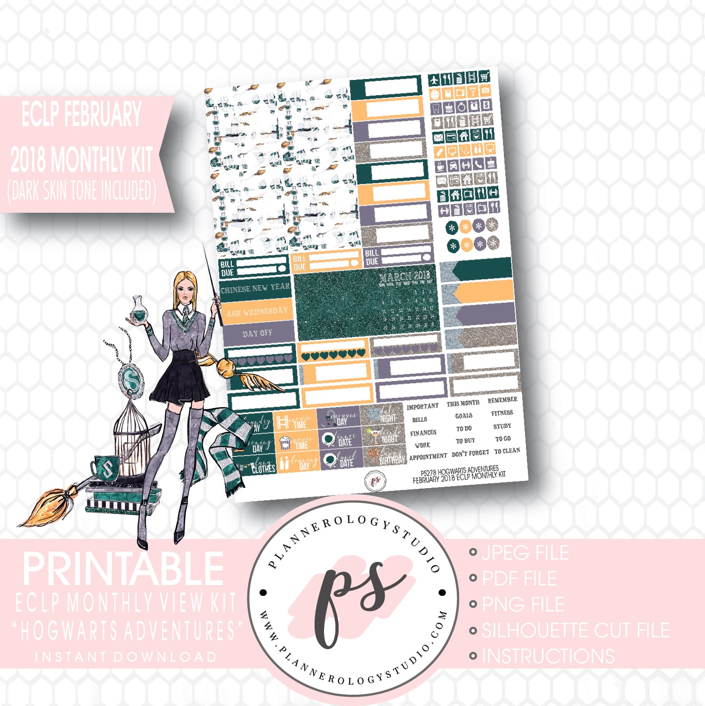 Hogwarts Adventures (Harry Potter Theme) February 2018 Monthly View Kit Printable Planner Stickers (for use with ECLP) (Dark & Light Skintone) - Plannerologystudio