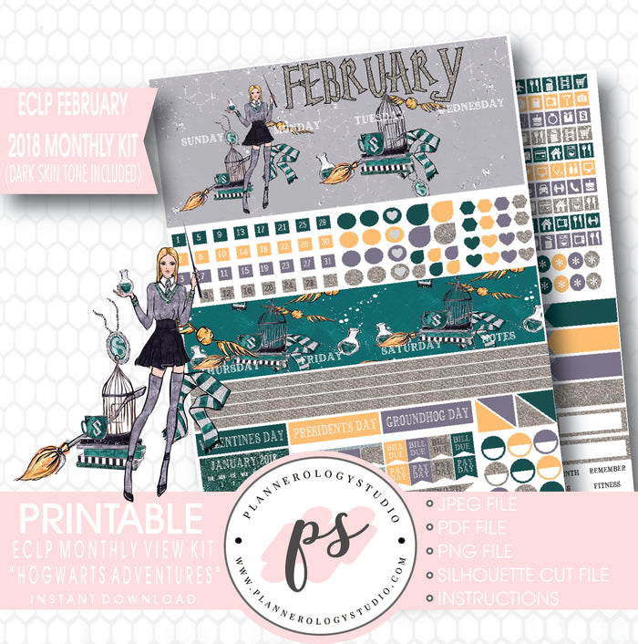 Hogwarts Adventures (Harry Potter Theme) February 2018 Monthly View Kit Printable Planner Stickers (for use with ECLP) (Dark & Light Skintone) - Plannerologystudio