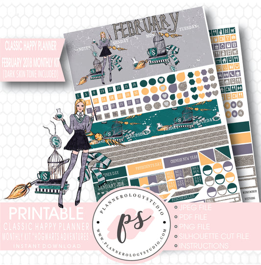 Hogwarts Adventures (Harry Potter Theme) February 2018 Monthly View Kit Printable Planner Stickers (for use with Classic Happy Planner) (Dark & Light Skintone) - Plannerologystudio
