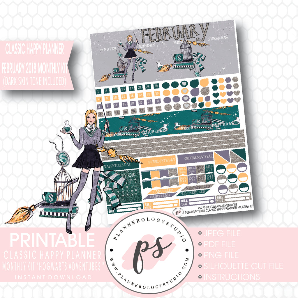Hogwarts Adventures (Harry Potter Theme) February 2018 Monthly View Kit Printable Planner Stickers (for use with Classic Happy Planner) (Dark & Light Skintone) - Plannerologystudio