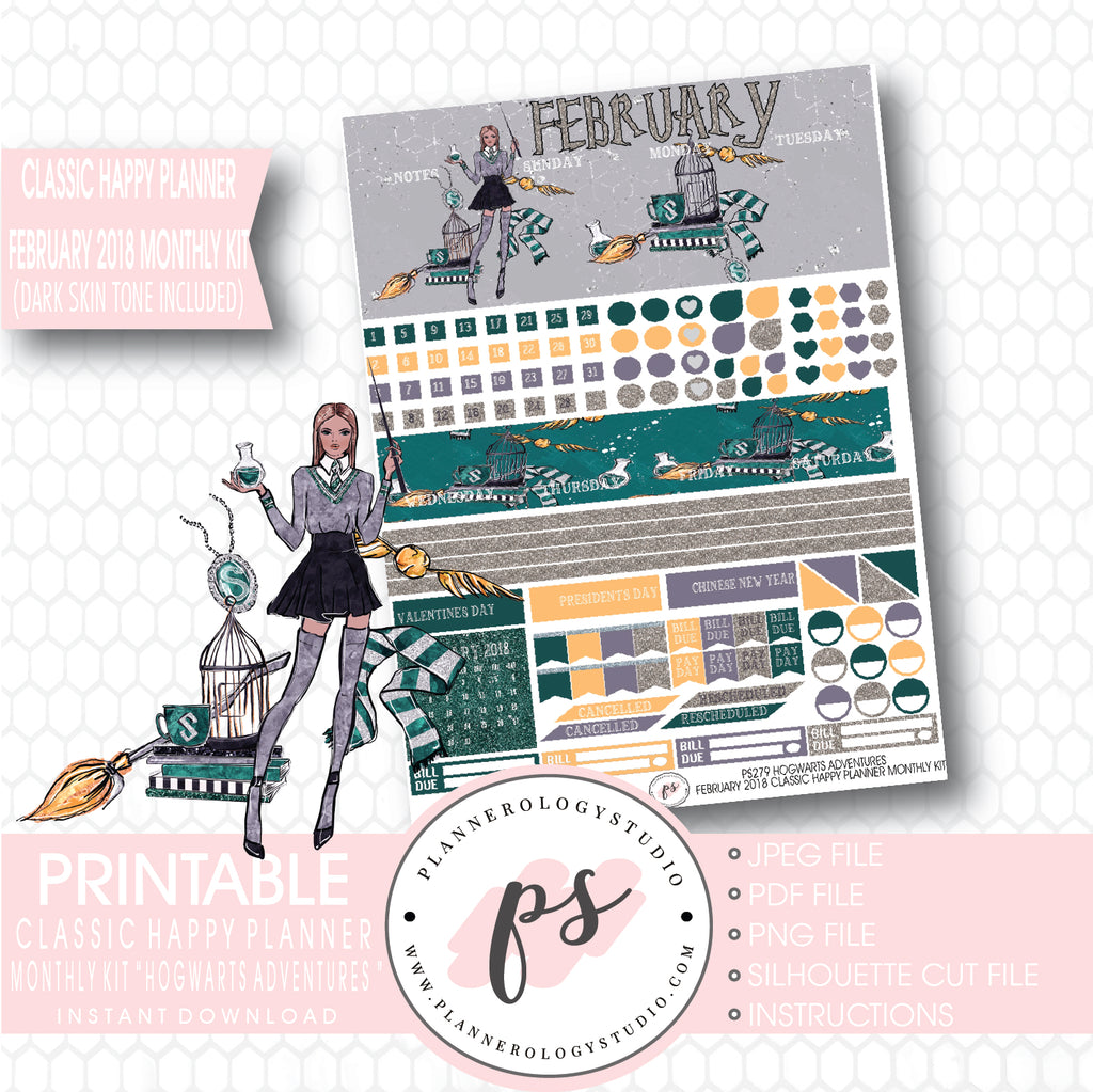 Hogwarts Adventures (Harry Potter Theme) February 2018 Monthly View Kit Printable Planner Stickers (for use with Classic Happy Planner) (Dark & Light Skintone) - Plannerologystudio