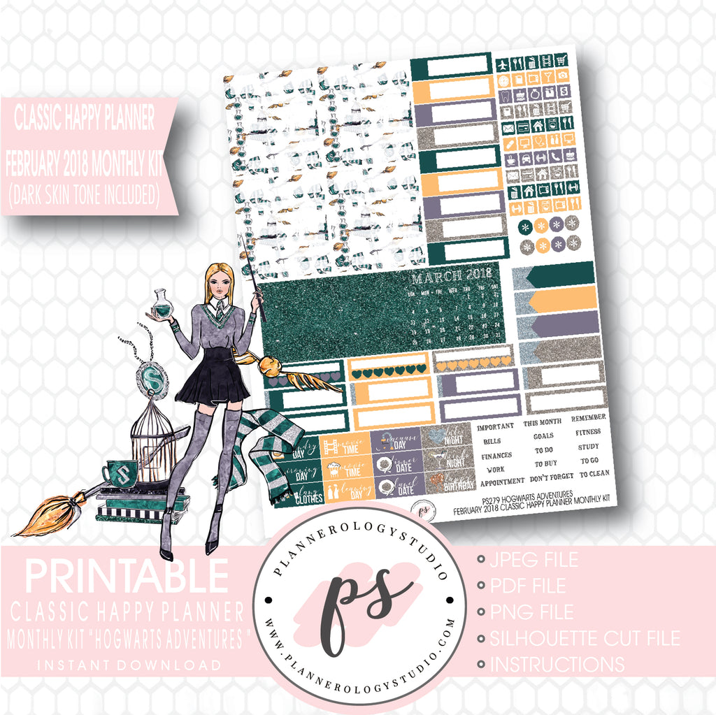 Hogwarts Adventures (Harry Potter Theme) February 2018 Monthly View Kit Printable Planner Stickers (for use with Classic Happy Planner) (Dark & Light Skintone) - Plannerologystudio